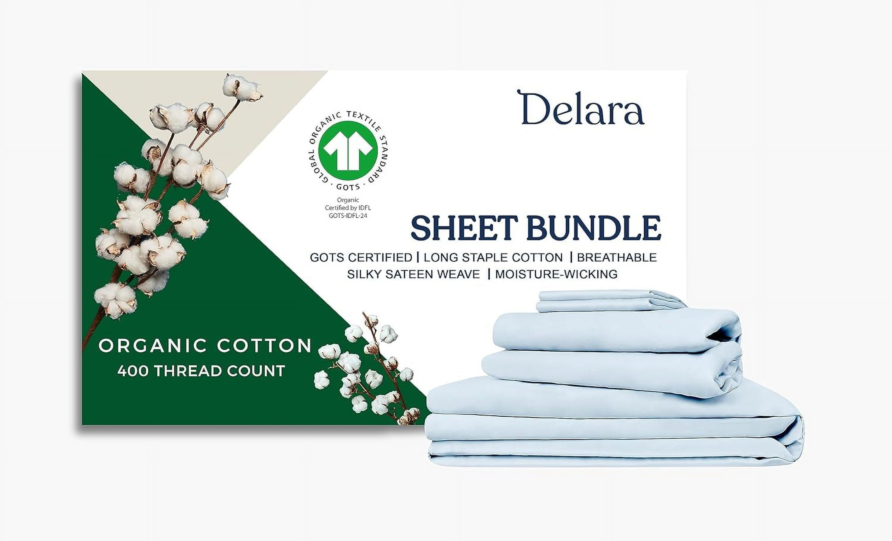 Delara California King 7 Pieces Set GOTS Organic Cotton Sheet Bundle, Ultra Soft, Moisture-Wicking, Breathable, Long-Staple, Light Blue