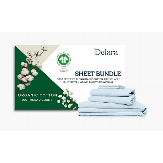 Delara King 7 Pieces Set GOTS Organic Cotton Sheet Bundle, Ultra Soft, Moisture-Wicking, Breathable, Long-Staple, Light Blue
