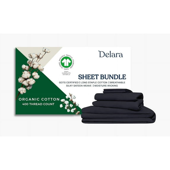Delara Queen 7 Pieces Set GOTS Organic Cotton Sheet Bundle, Ultra Soft, Moisture-Wicking, Breathable, Long-Staple, Dark Grey