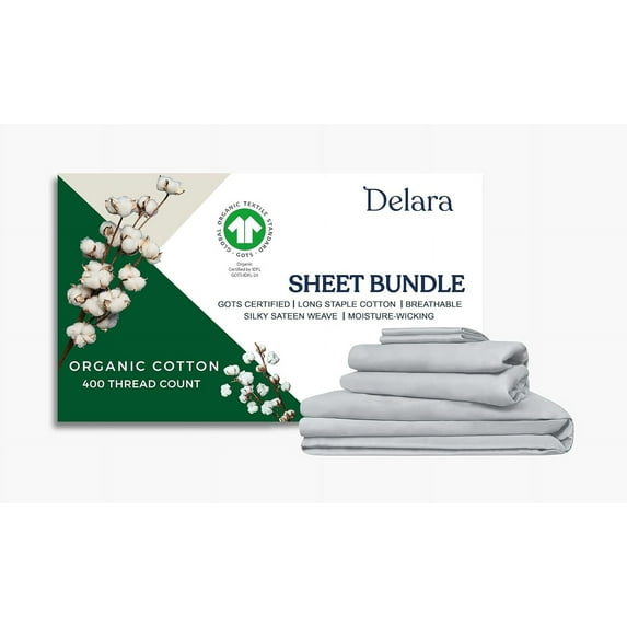 Delara Twin Size 5 Pieces Set GOTS Organic Cotton Sheet Bundle, Ultra Soft, Moisture-Wicking, Breathable, Long-Staple, Light Grey