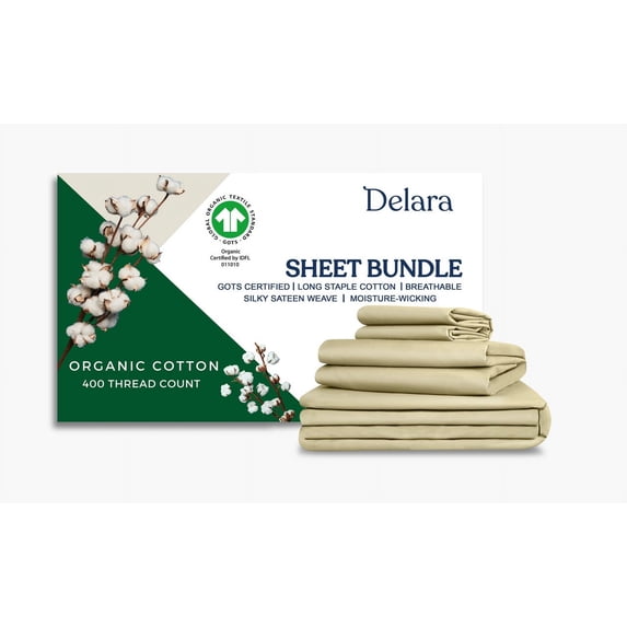 Delara Twin Size 5 Pieces Set GOTS Organic Cotton Sheet Bundle, Ultra Soft, Moisture-Wicking, Breathable, Long-Staple, Sage Green