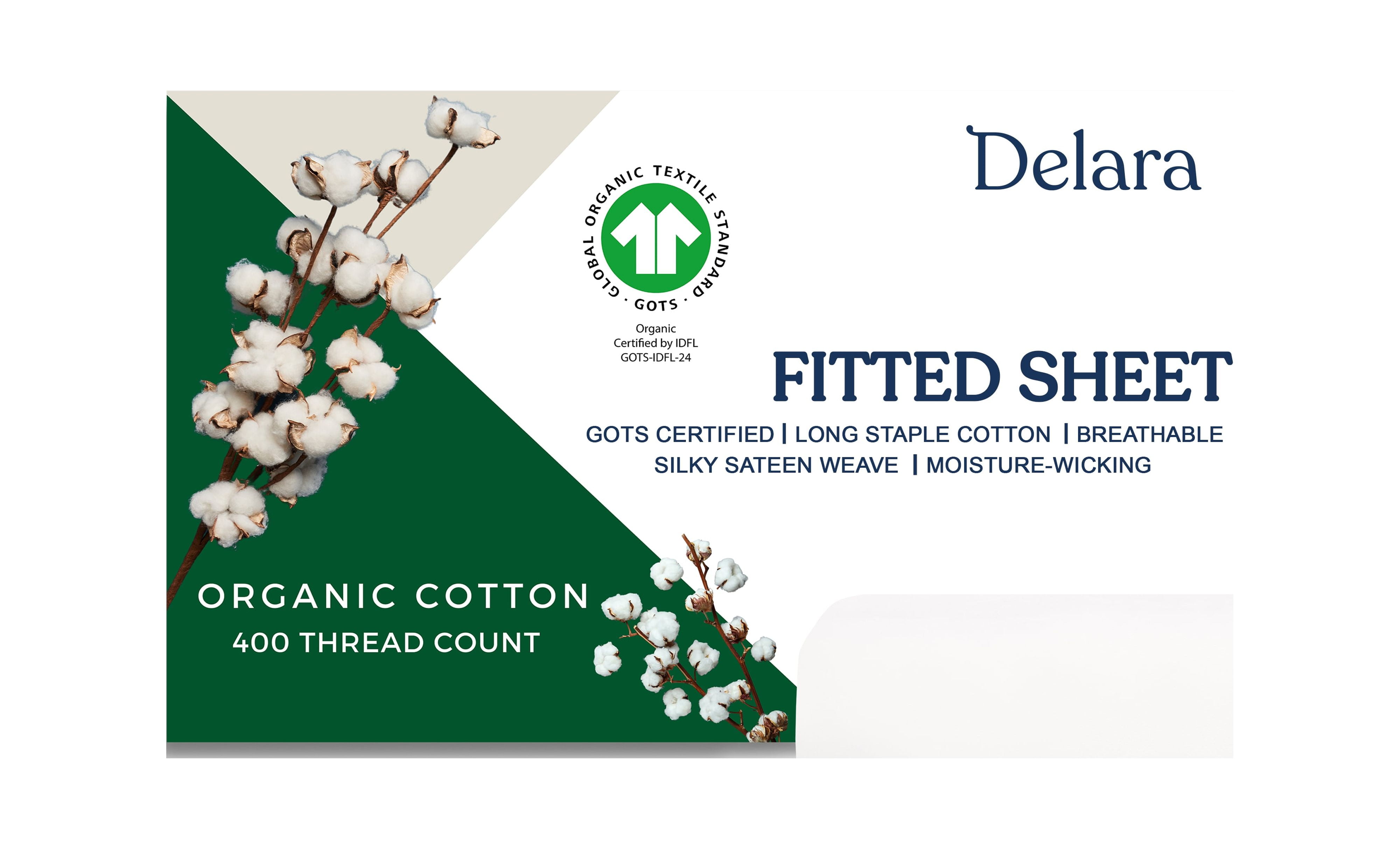 Delara GOTS Certified 100% Organic Cotton California King Fitted Sheet 72"x84", 400TC Long Staple, Ultra Soft, Breathable, 17" Deep Pocket, White