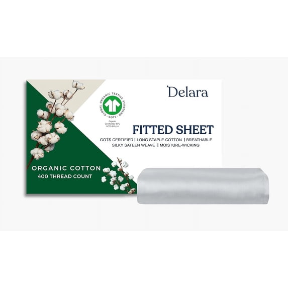 Delara GOTS Certified 100% Organic Cotton California King Fitted Sheet 72"x84", 400TC Long Staple, Ultra Soft, Breathable, 17" Deep Pocket, Light Grey