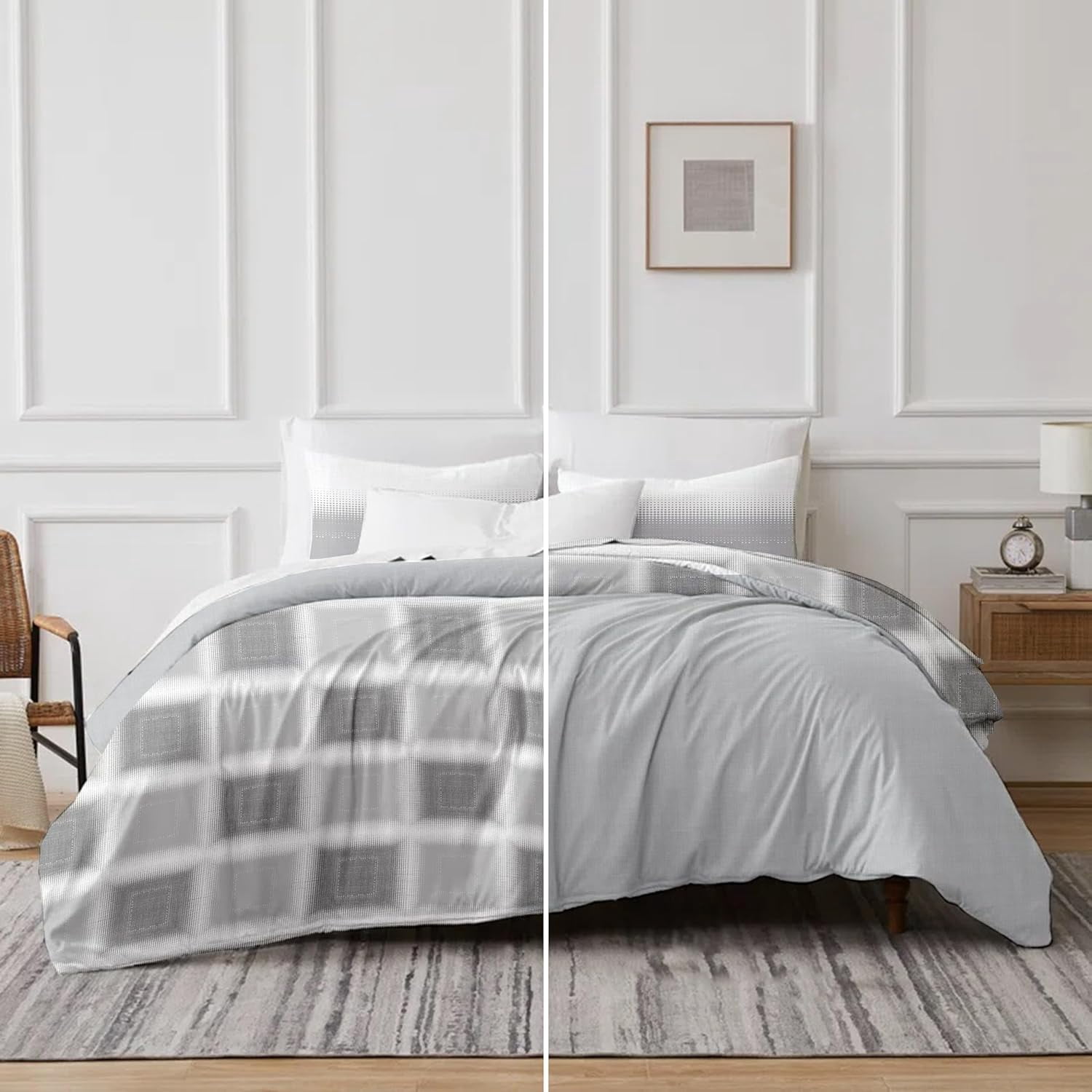 Delara GOTS Certified 100% Organic Cotton Check Reversible Print Duvet Cover and Sham Set of 2, King 108"X92", Grey