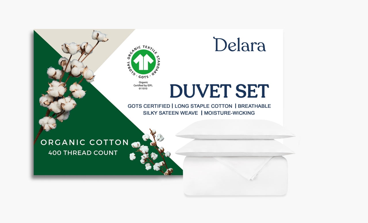 Delara GOTS Certified Organic Cotton King Duvet Cover Set, 400TC, Soft, Breathable, 8 Ties, White for Hot Sleepers