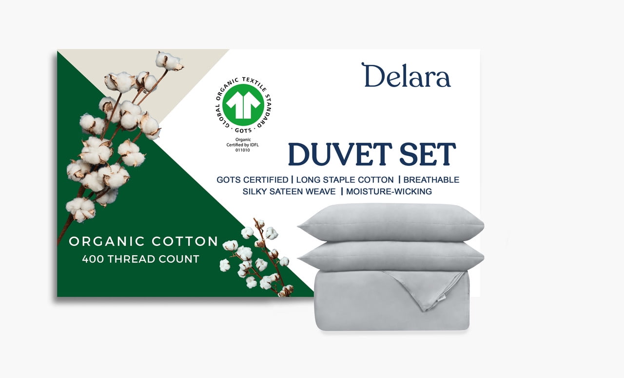 Delara GOTS Certified Organic Cotton Queen Duvet Cover Set, 400TC, Soft, Breathable, 8 Ties, Light Grey for Hot Sleepers
