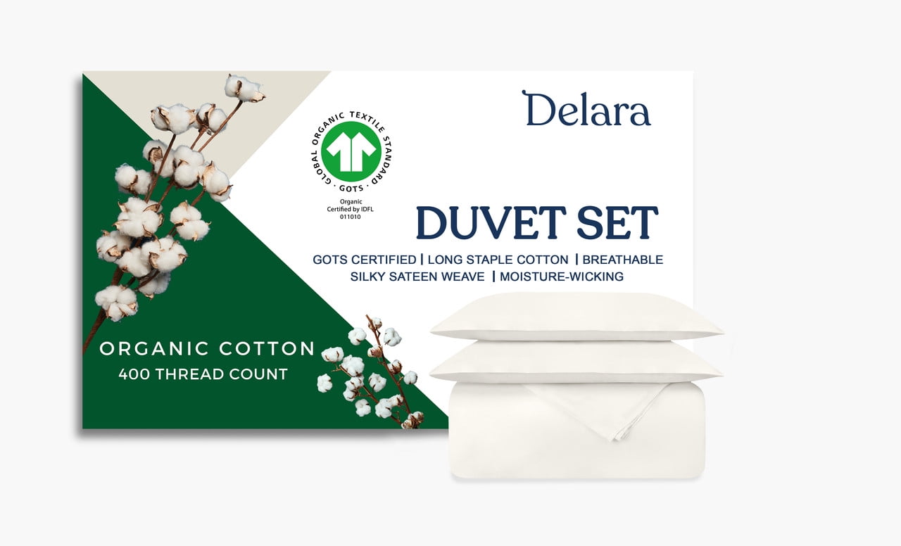 Delara GOTS Certified Organic Cotton King Duvet Cover Set, 400TC, Soft, Breathable, 8 Ties, Ivory for Hot Sleepers