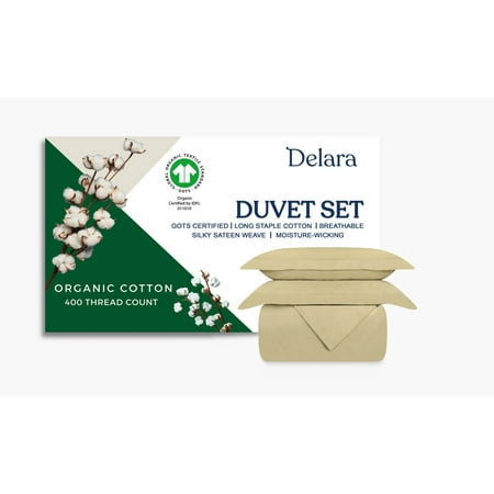 Delara GOTS Certified Organic Cotton King Duvet Cover Set, 400TC, Soft, Breathable, 8 Ties, Sage Green for Hot Sleepers