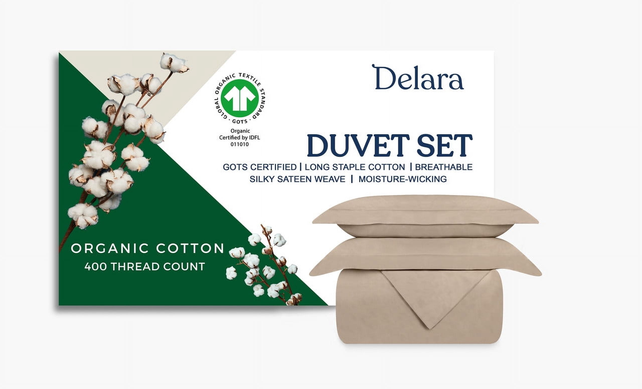 Delara GOTS Certified Organic Cotton Queen Duvet Cover Set, 400TC, Soft, Breathable, 8 Ties, Natural for Hot Sleepers