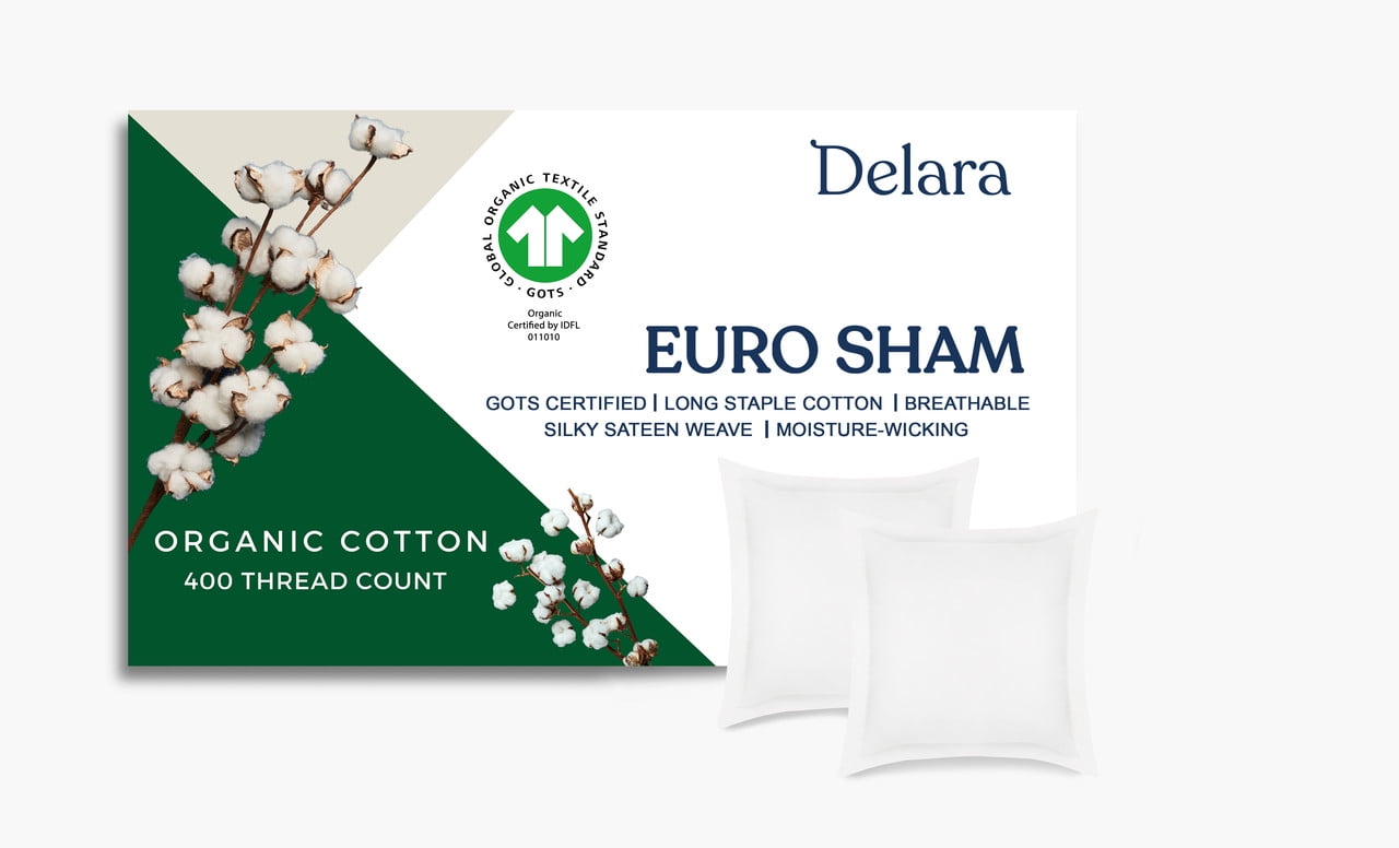 Delara GOTS Certified 100% Organic Cotton Euro Sham Set of 2, 26"x26", 400TC Long Staple, Ultra Soft, Silky, Breathable, Moisture-Wicking, White
