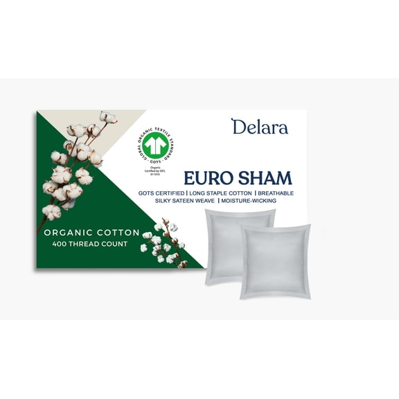 Delara GOTS Certified 100% Organic Cotton Euro Sham Set of 2, 26"x26", 400TC Long Staple, Ultra Soft, Silky, Breathable, Moisture-Wicking, Light Grey