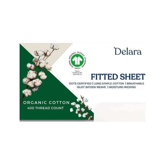 Delara GOTS Certified 100% Organic Cotton Full Fitted Sheet 54"x75", 400TC Long Staple, Ultra Soft, Breathable, 17" Deep Pocket, White