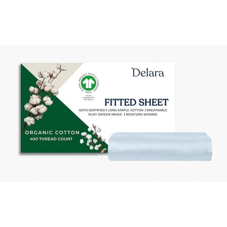 Delara GOTS Certified 100% Organic Cotton Full Fitted Sheet 54"x75", 400TC Long Staple, Ultra Soft, Breathable, 17" Deep Pocket, Light Blue