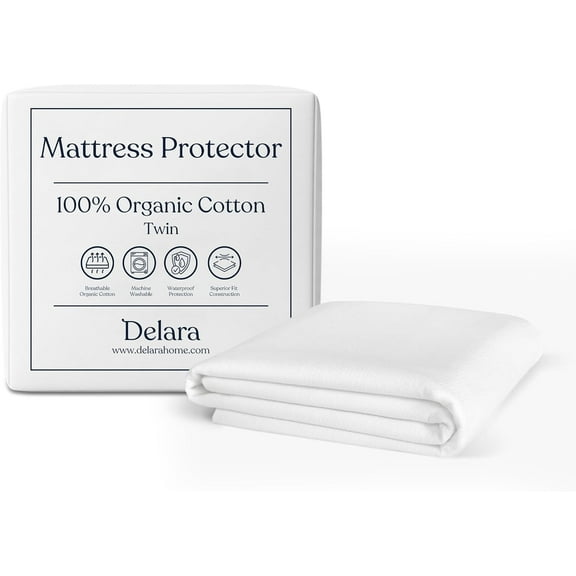 Delara GOTS Certified 100% Organic Cotton Mattress Protector, Waterproof Ultra Soft Breathable 300TC Hypoallergenic Cover, Noiseless Mattress Protector with Deep Pocket Upto 19"