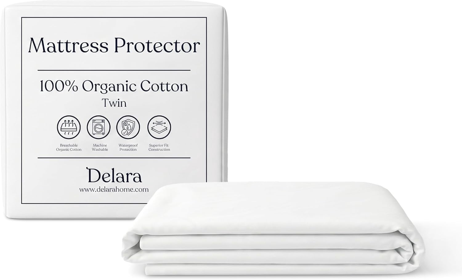 Delara Organic Waterproof Mattress Protector 100% Waterproof TPU Membrane, GOTS Certified Organic Cotton Surface, Noiseless & Breathable, 19" Deep Pocket, Machine Washable - Twin 39"×75"