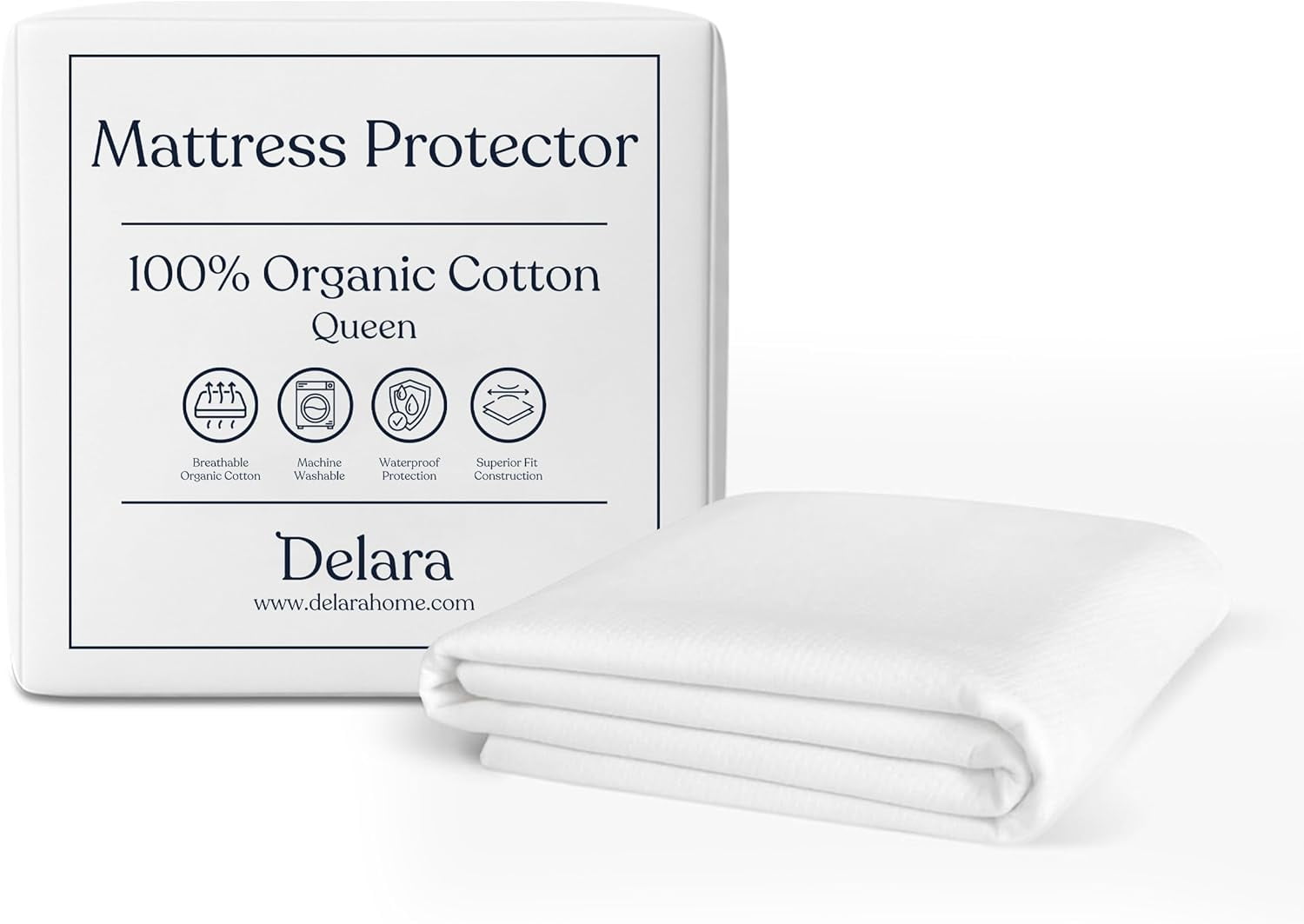 Delara GOTS Certified 100% Organic Cotton Mattress Protector, Waterproof Ultra Soft Breathable 300TC Hypoallergenic Cover, Noiseless Mattress Protector with Deep Pocket Upto 19"