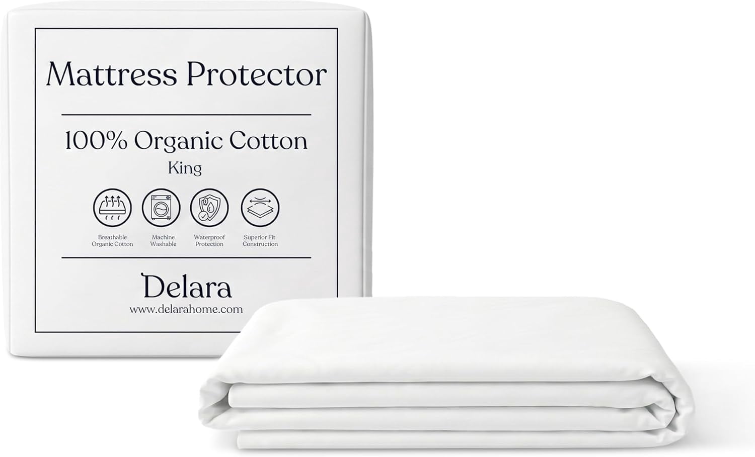 Delara Organic Waterproof Mattress Protector 100% Waterproof TPU Membrane, GOTS Certified Organic Cotton Surface, Noiseless & Breathable, 19" Deep Pocket, Machine Washable - King 78"×80"