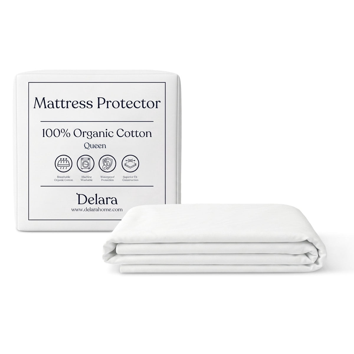 Delara Organic Waterproof Mattress Protector 100% Waterproof TPU Membrane, GOTS Certified Organic Cotton Surface, Noiseless & Breathable, 19" Deep Pocket, Machine Washable - Queen 60"×80"