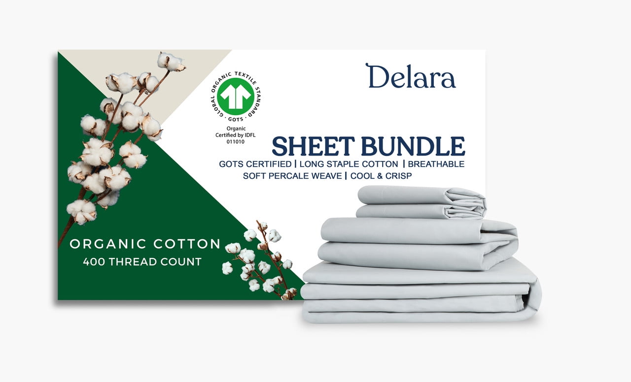 Delara Full Organic Cotton Percale Bedding Set, 400 Thread Count, Soft Breathable Moisture-Wicking, Light Blue, 7-Piece, GOTS Certified