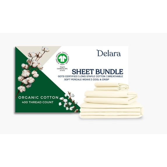 Delara King Organic Cotton Percale Bedding Set, 400 Thread Count, Soft Breathable Moisture-Wicking, Ivory, 7-Piece, GOTS Certified