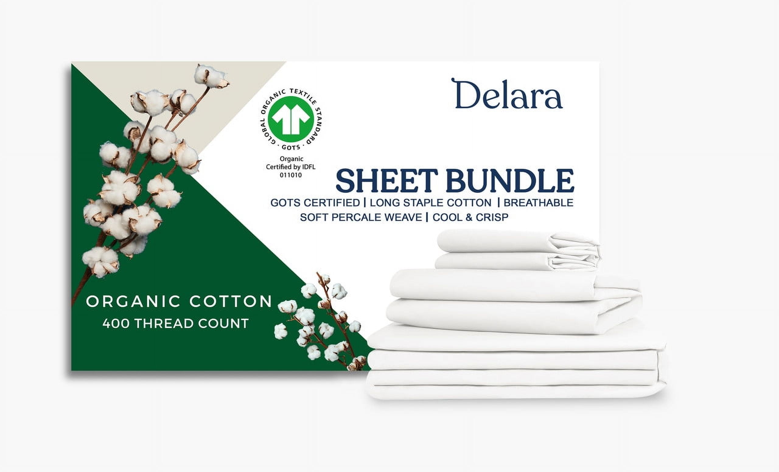 Delara King Organic Cotton Percale Bedding Set, 400 Thread Count, Soft Breathable Moisture-Wicking, White, 7-Piece, GOTS Certified
