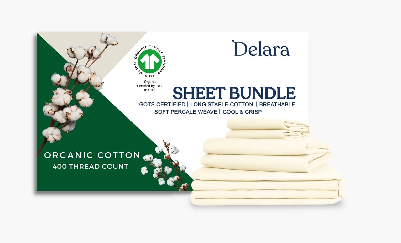 Delara Queen Organic Cotton Percale Bedding Set, 400 Thread Count, Soft Breathable Moisture-Wicking, Ivory, 7-Piece, GOTS Certified