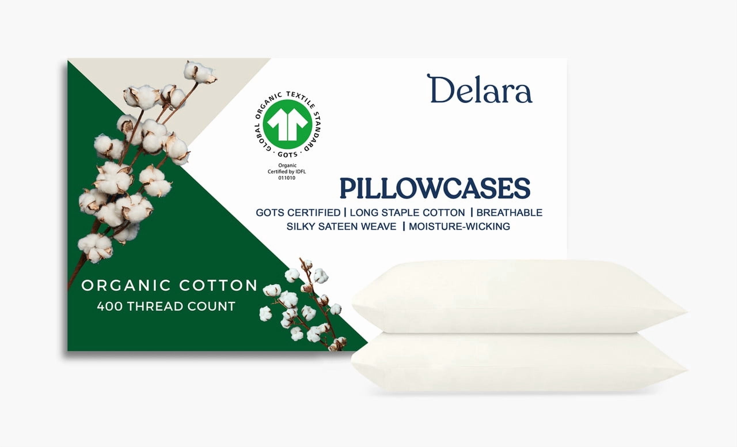 Delara GOTS Certified 100% Organic Cotton Queen Pillowcase Set of 2, 21"x32", 400TC Long Staple, Ultra Soft, Breathable & Smooth, Ivory