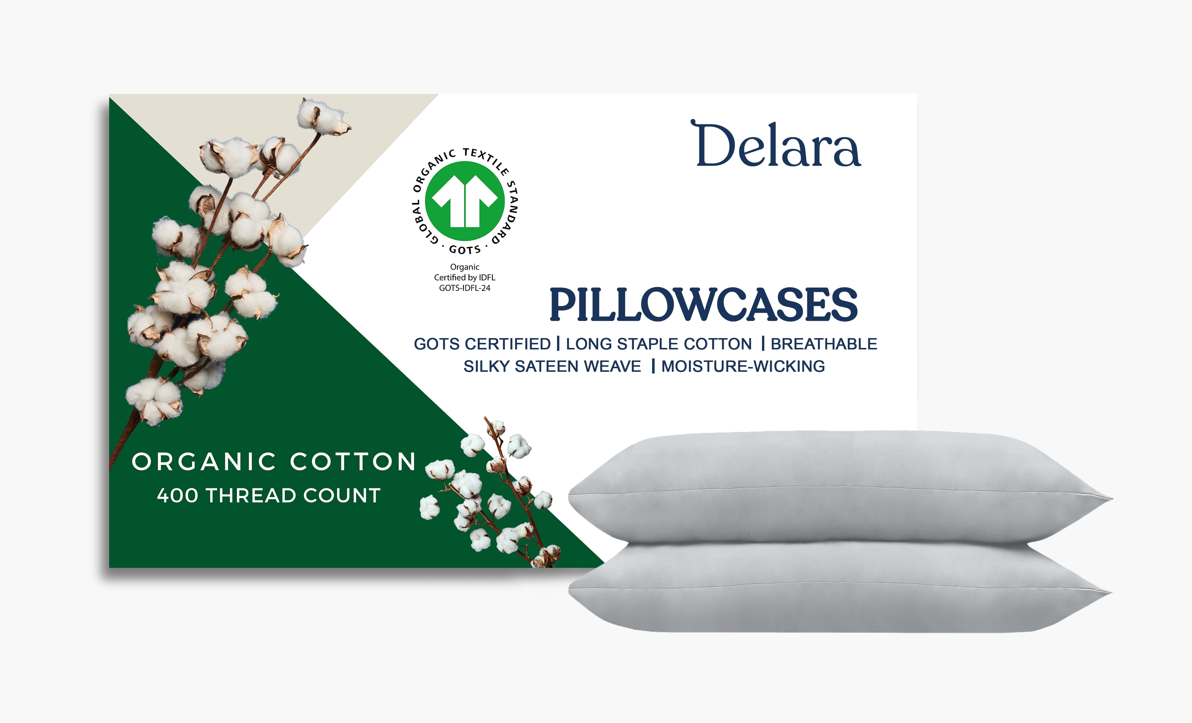 Delara GOTS Certified 100% Organic Cotton King Pillowcase Set of 2, 21"x36", 400TC Long Staple, Ultra Soft, Breathable & Smooth, Light Grey