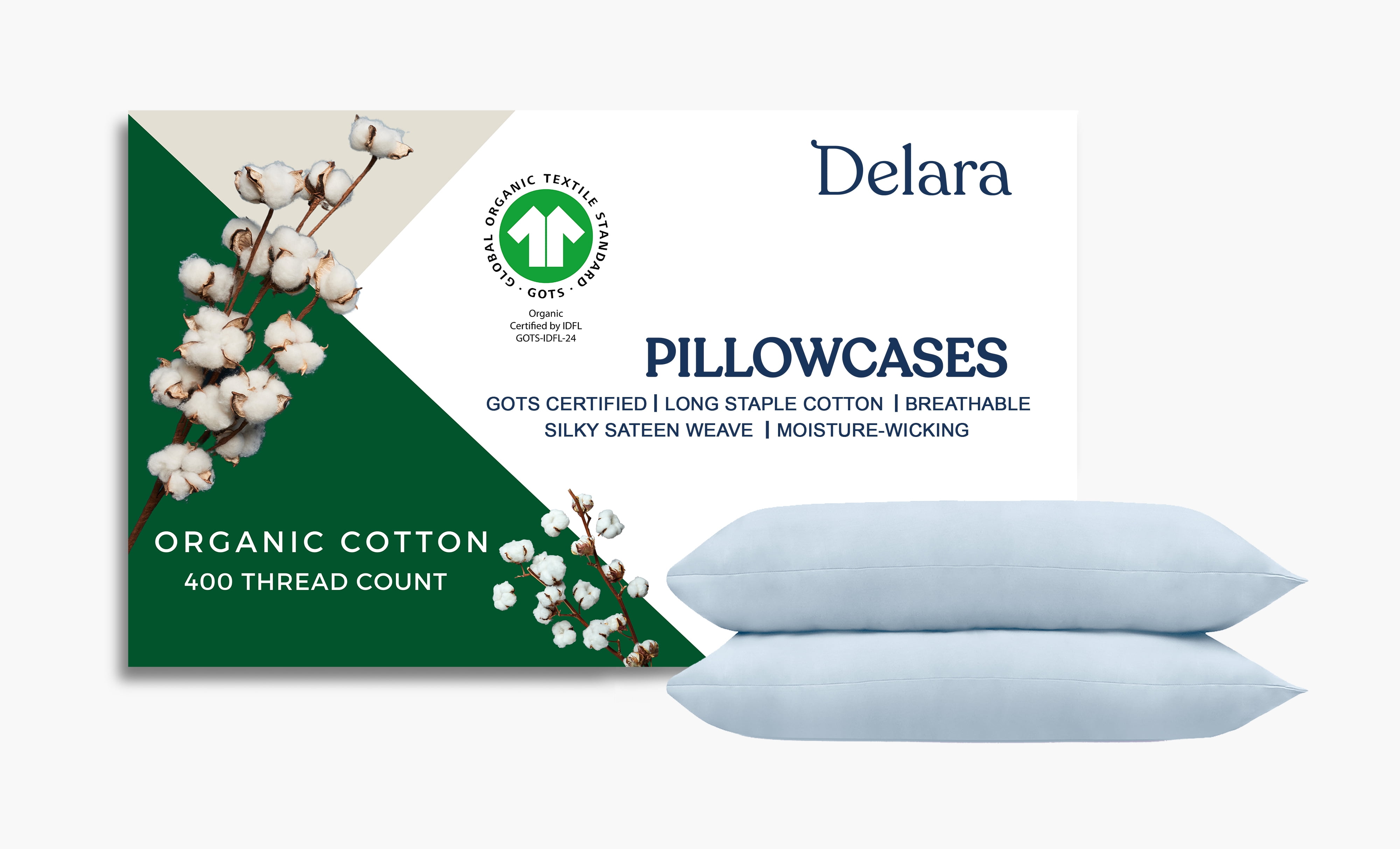 Delara GOTS Certified 100% Organic Cotton Queen Pillowcase Set of 2, 21"x32", 400TC Long Staple, Ultra Soft, Breathable & Smooth, Light Blue