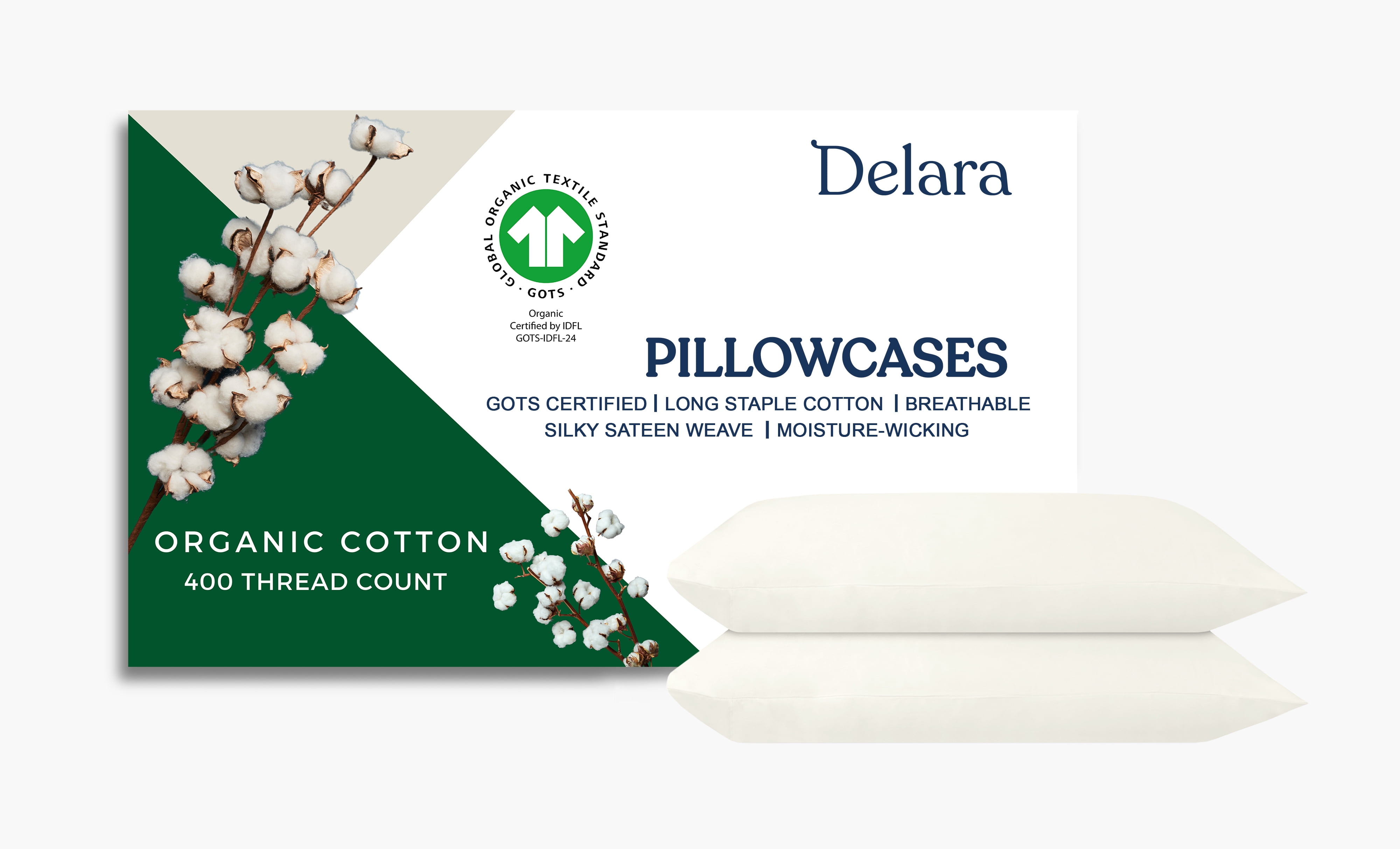 Delara GOTS Certified 100% Organic Cotton King Pillowcase Set of 2, 21"x36", 400TC Long Staple, Ultra Soft, Breathable & Smooth, Ivory