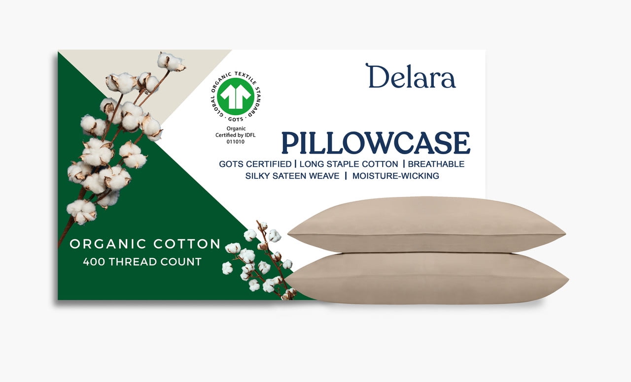 Delara GOTS Certified 100% Organic Cotton King Pillowcase Set of 2, 21"x36", 400TC Long Staple, Ultra Soft, Breathable & Smooth, Natural