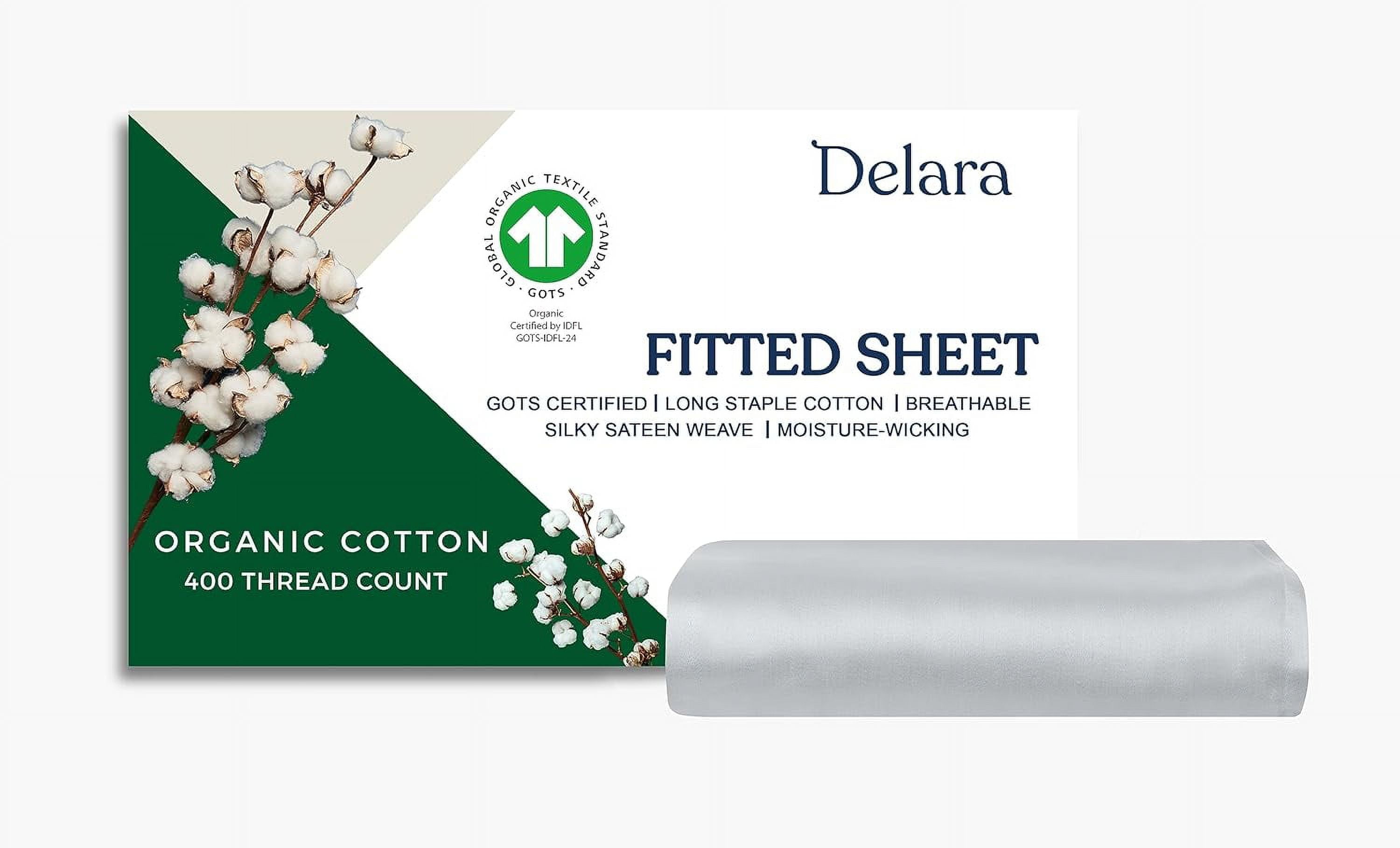 Delara GOTS Certified 100% Organic Cotton Queen Fitted Sheet 60"x80", 400TC Long Staple, Ultra Soft, Breathable, 17" Deep Pocket, Light Grey