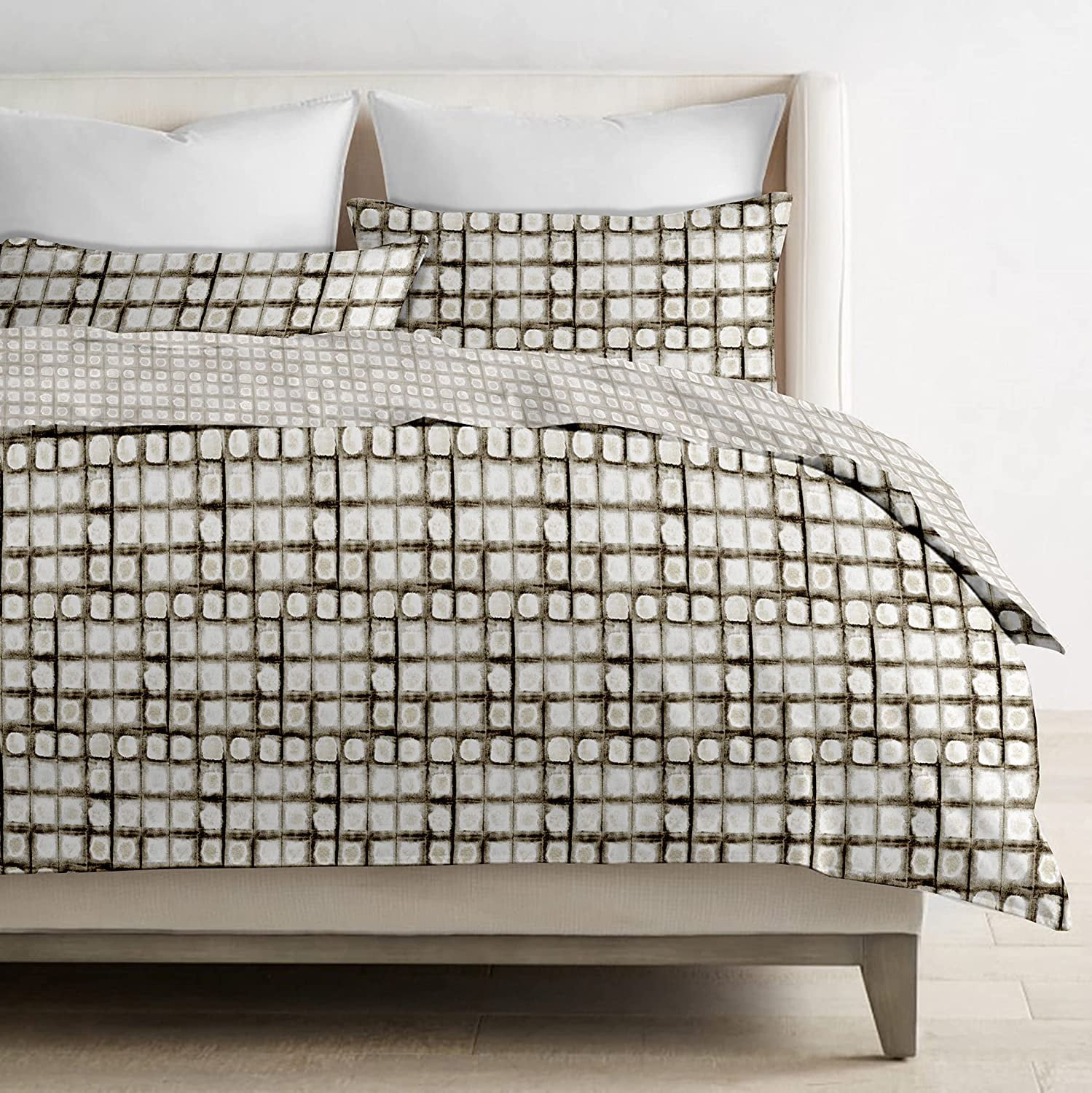 Delara GOTS Certified 100% Organic Cotton Shaded Check Reversible Print Duvet Cover and Sham Set of 2, Queen 88"X92", White/Brown