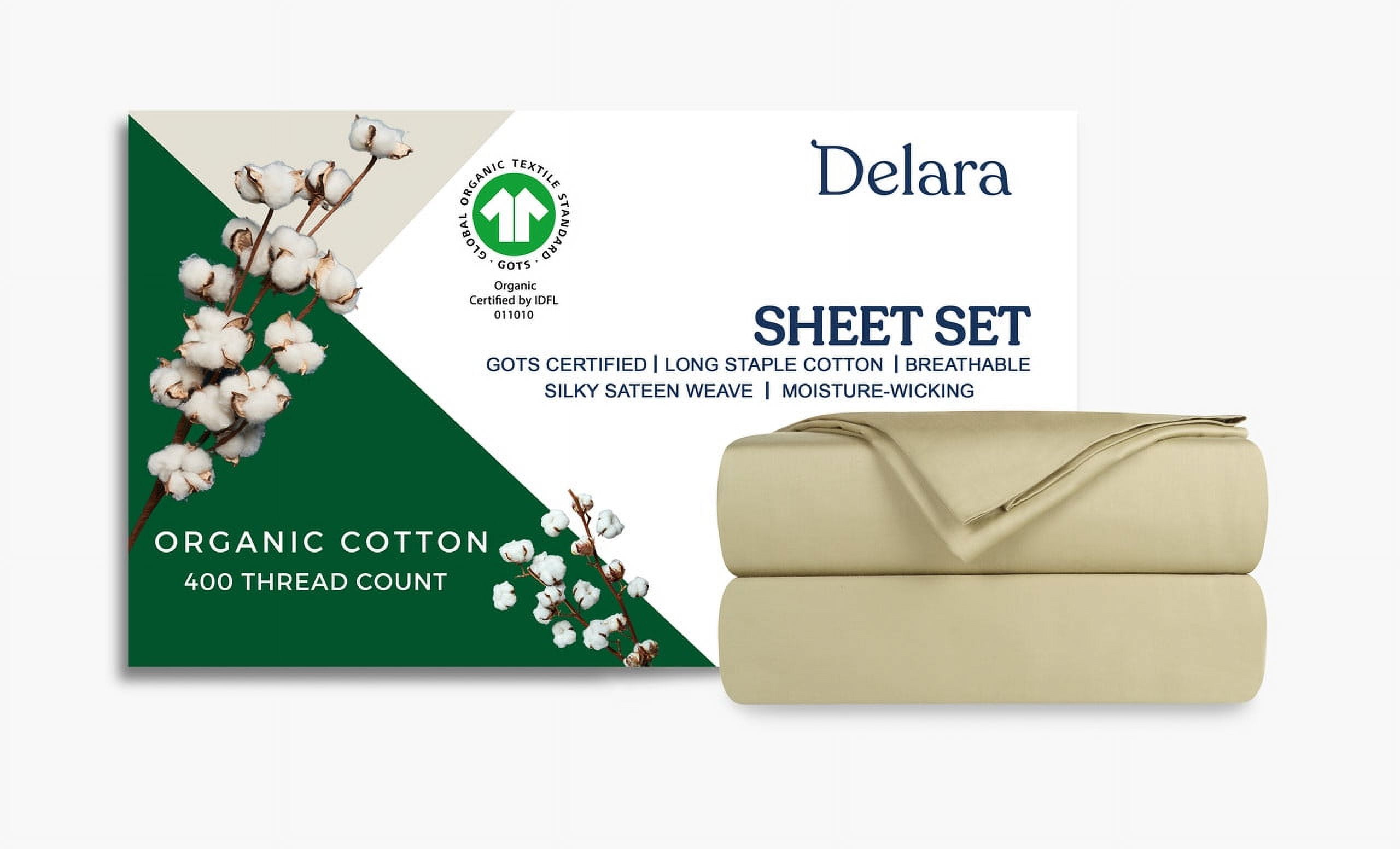 Delara 400TC Organic Cotton California King Sheet Set, GOTS Certified, Ultra Soft Long Staple, Deep Pocket, Breathable & Silky, Sage Green