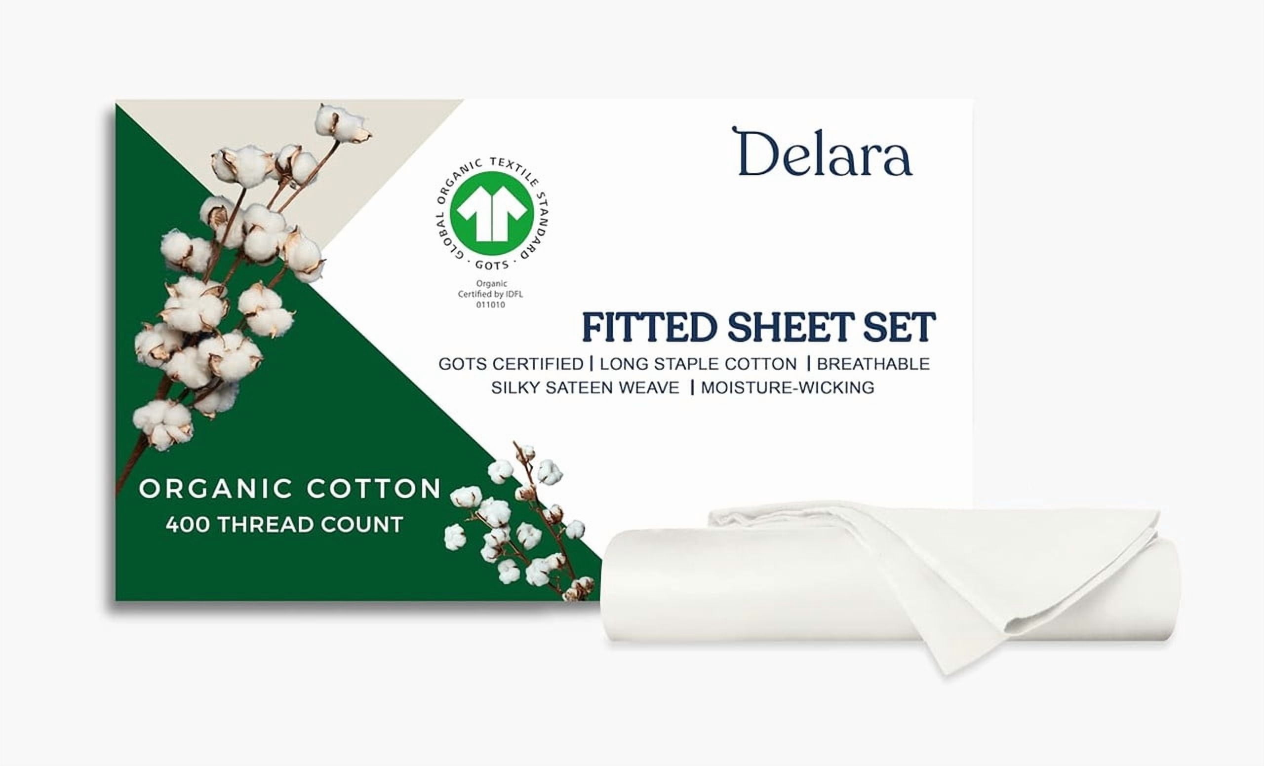 Delara Twin 2-Piece GOTS Organic Cotton Fitted Sheet Set, 400TC Long-Staple, Moisture-Wicking, Smooth & Breathable, Deep Pocket, Ivory