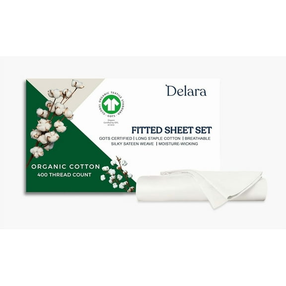 Delara California king 3-Piece GOTS Organic Cotton Fitted Sheet Set, 400TC Long-Staple, Moisture-Wicking, Smooth & Breathable, Deep Pocket, Ivory
