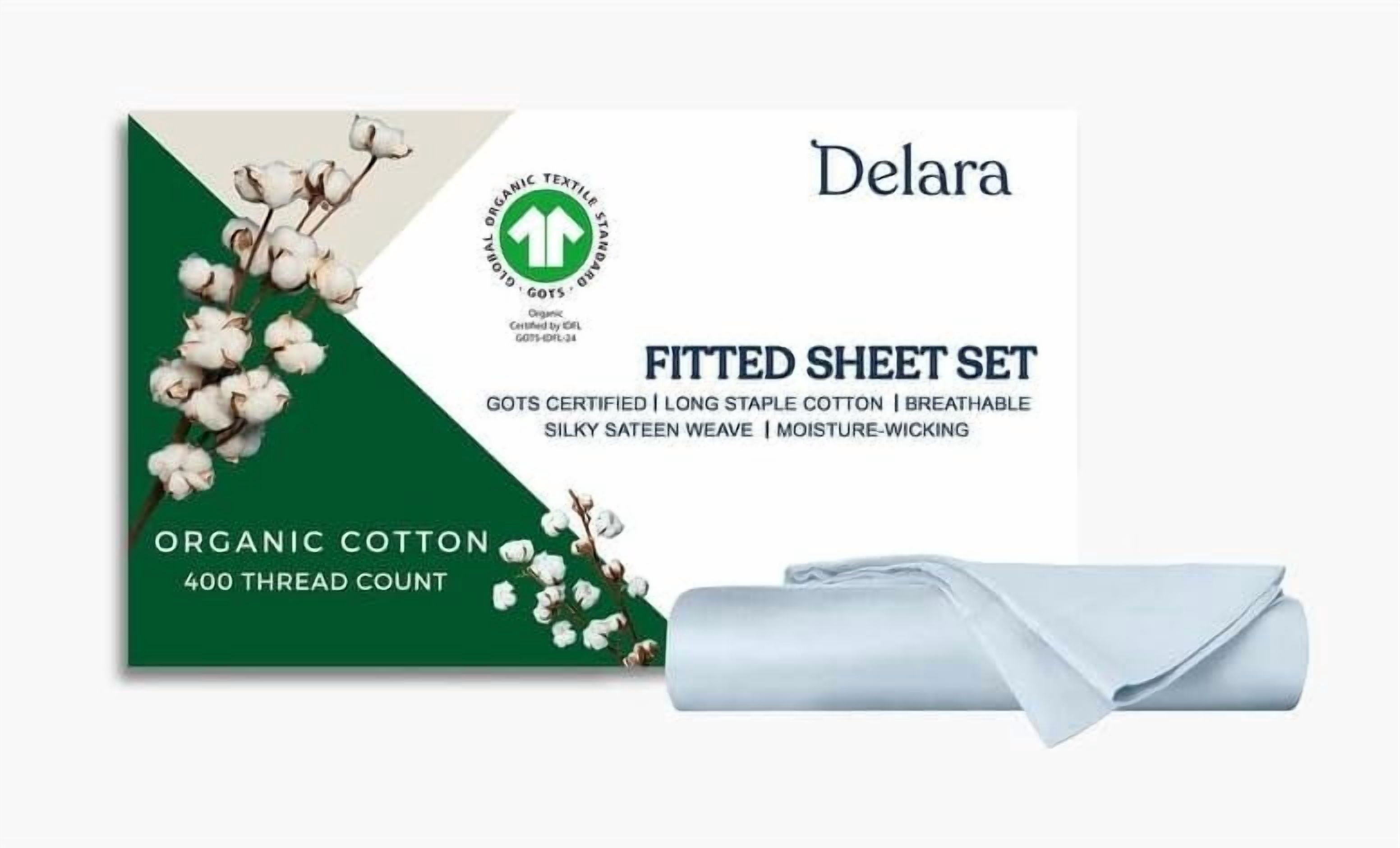 Delara Full 3-Piece GOTS Organic Cotton Fitted Sheet Set, 400TC Long-Staple, Moisture-Wicking, Smooth & Breathable, Deep Pocket, Light Blue