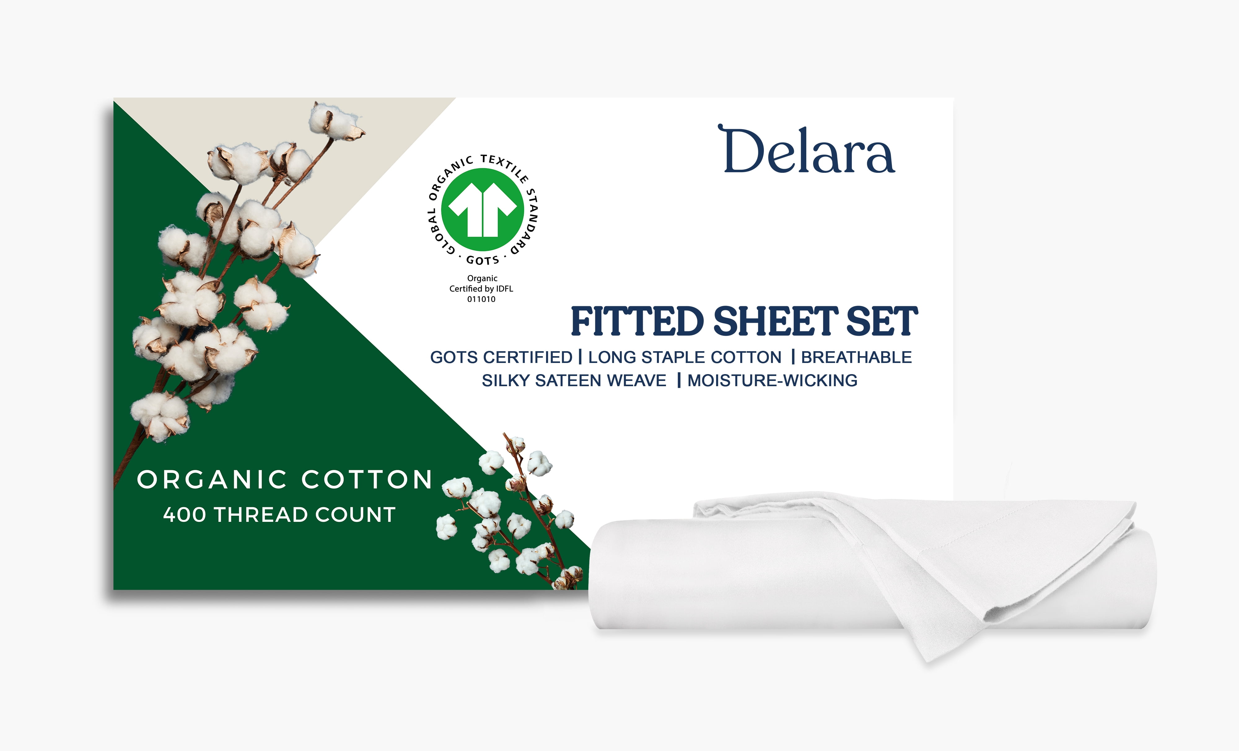 Delara King 3-Piece GOTS Organic Cotton Fitted Sheet Set, 400TC Long-Staple, Moisture-Wicking, Smooth & Breathable, Deep Pocket, White