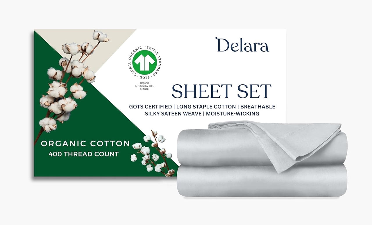 Delara 400TC Organic Cotton Queen Sheet Set, GOTS Certified, Ultra Soft Long Staple, Deep Pocket, Breathable & Silky, Light Grey