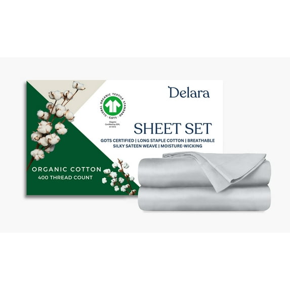 Delara 400TC Organic Cotton King Sheet Set, GOTS Certified, Ultra Soft Long Staple, Deep Pocket, Breathable & Silky, Light Grey