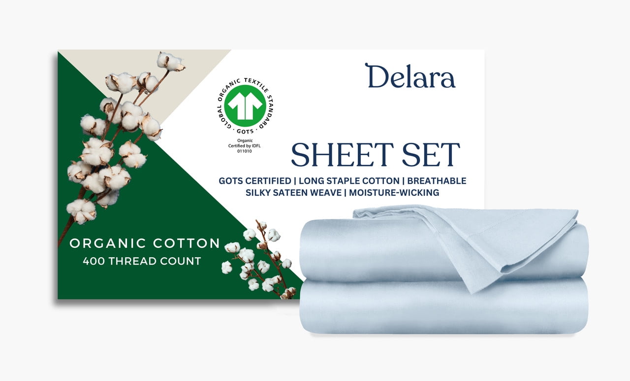Delara 400TC Organic Cotton California King Sheet Set, GOTS Certified, Ultra Soft Long Staple, Deep Pocket, Breathable & Silky, Light Blue