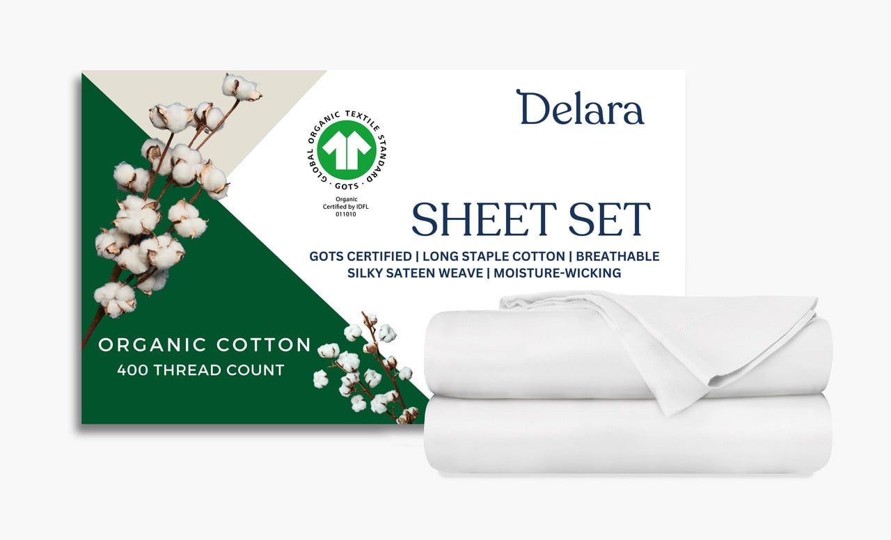 Delara 400TC Organic Cotton King Sheet Set, GOTS Certified, Ultra Soft Long Staple, Deep Pocket, Breathable & Silky, White