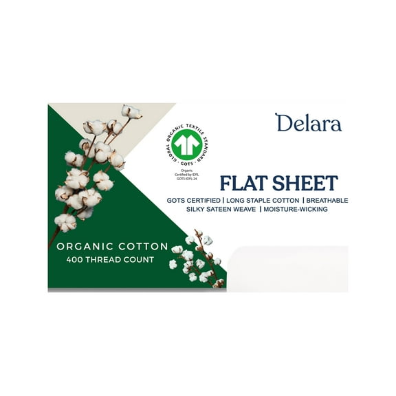 Delara 100% Organic Cotton King Flat Sheet, 400-Thread Count, GOTS Certified, Ultra Soft, Moisture-Wicking, 108 x 105 Inches, White