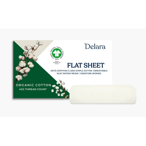 Delara 100% Organic Cotton Queen Flat Sheet, 400-Thread Count, GOTS Certified, Ultra Soft, Moisture-Wicking, 96 x 105 Inches, Ivory