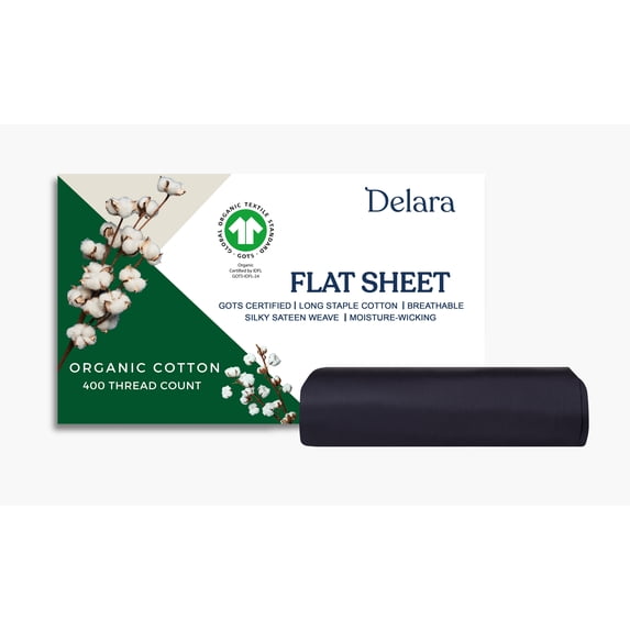 Delara 100% Organic Cotton Queen Flat Sheet, 400-Thread Count, GOTS Certified, Ultra Soft, Moisture-Wicking, 96 x 105 Inches, Dark Grey