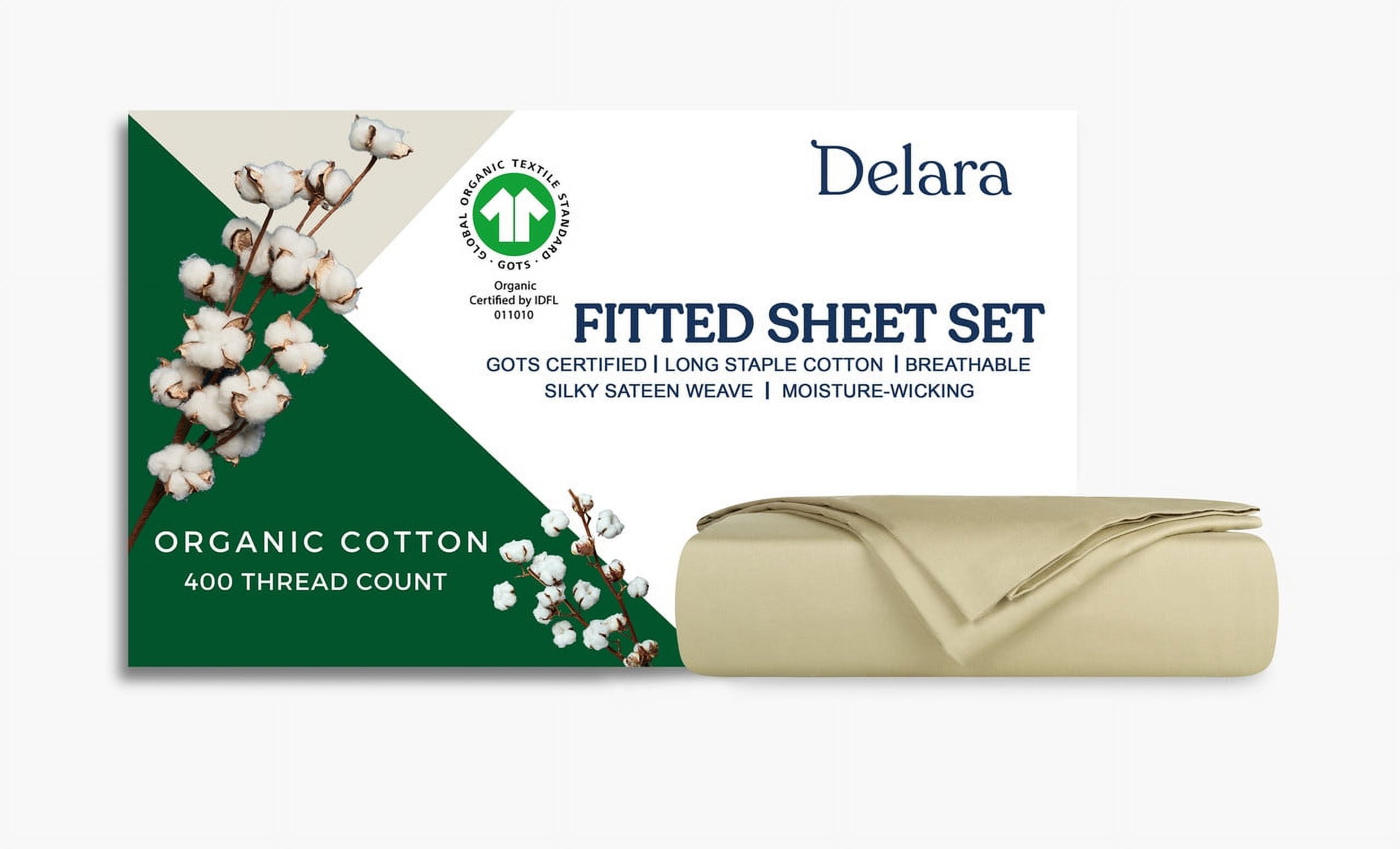 Delara King 3-Piece GOTS Organic Cotton Fitted Sheet Set, 400TC Long-Staple, Moisture-Wicking, Smooth & Breathable, Deep Pocket, Sage Green