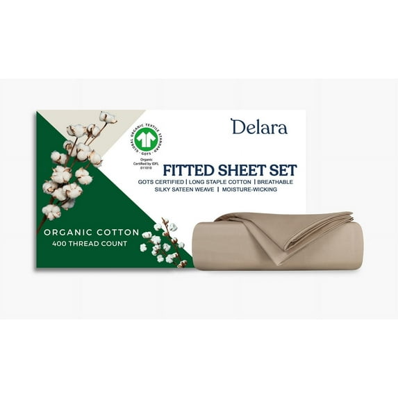Delara California king 3-Piece GOTS Organic Cotton Fitted Sheet Set, 400TC Long-Staple, Moisture-Wicking, Smooth & Breathable, Deep Pocket, Natural