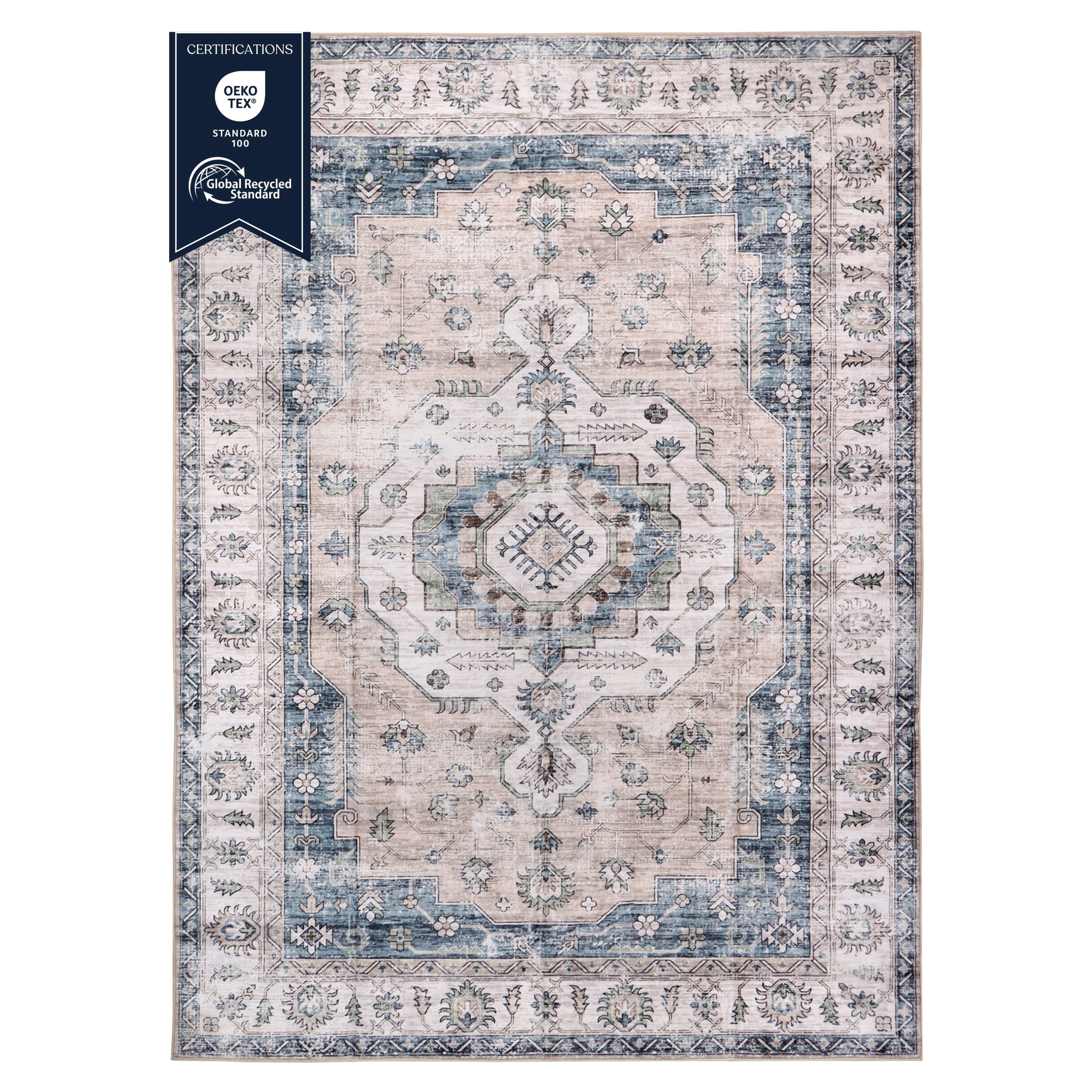 Delara 8'x10' Machine Washable Area Rug, Soft & Durable, Non-Slip, Stain Resistant, Vintage Bloom, for Bedroom, Living & Dining Room