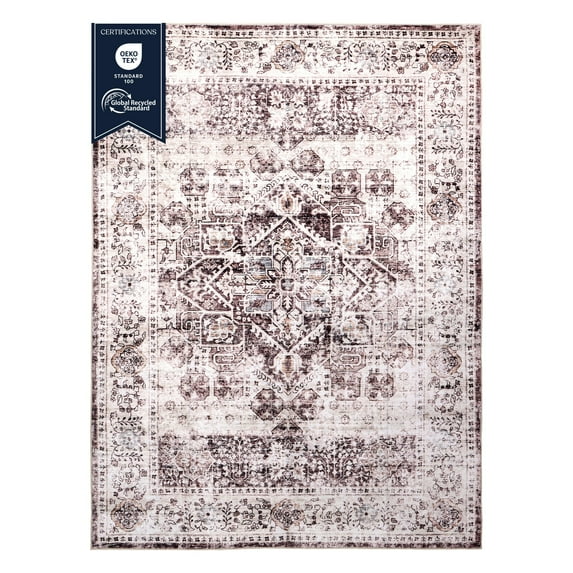 Delara 5'x7' Machine Washable Area Rug, Soft & Durable, Non-Slip, Stain Resistant, Vintage Cocoa, for Bedroom, Living & Dining Room