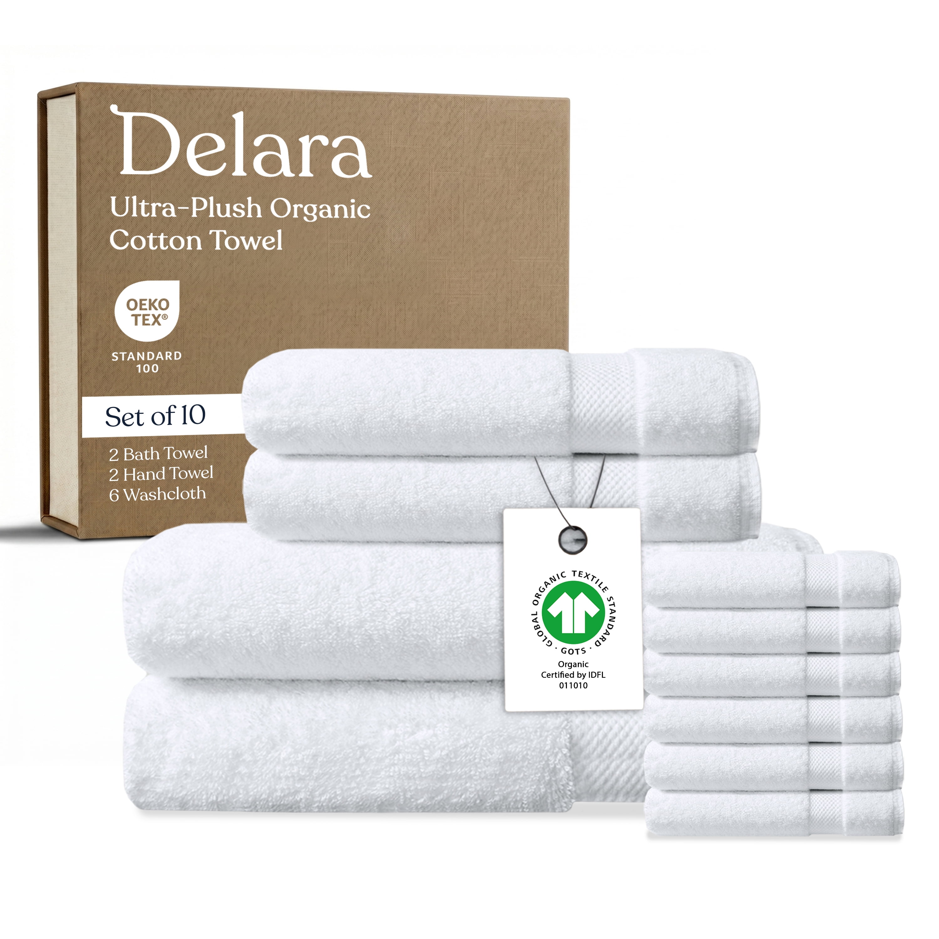Delara 10-Piece Organic Cotton Towel Set, 650 GSM Luxury Plush, Quick Dry & Ultra-Absorbent, GOTS & OEKO-TEX Certified, White